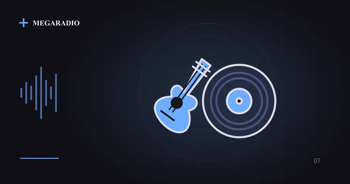 Illustrazione di una chitarra accanto a un disco in vinile